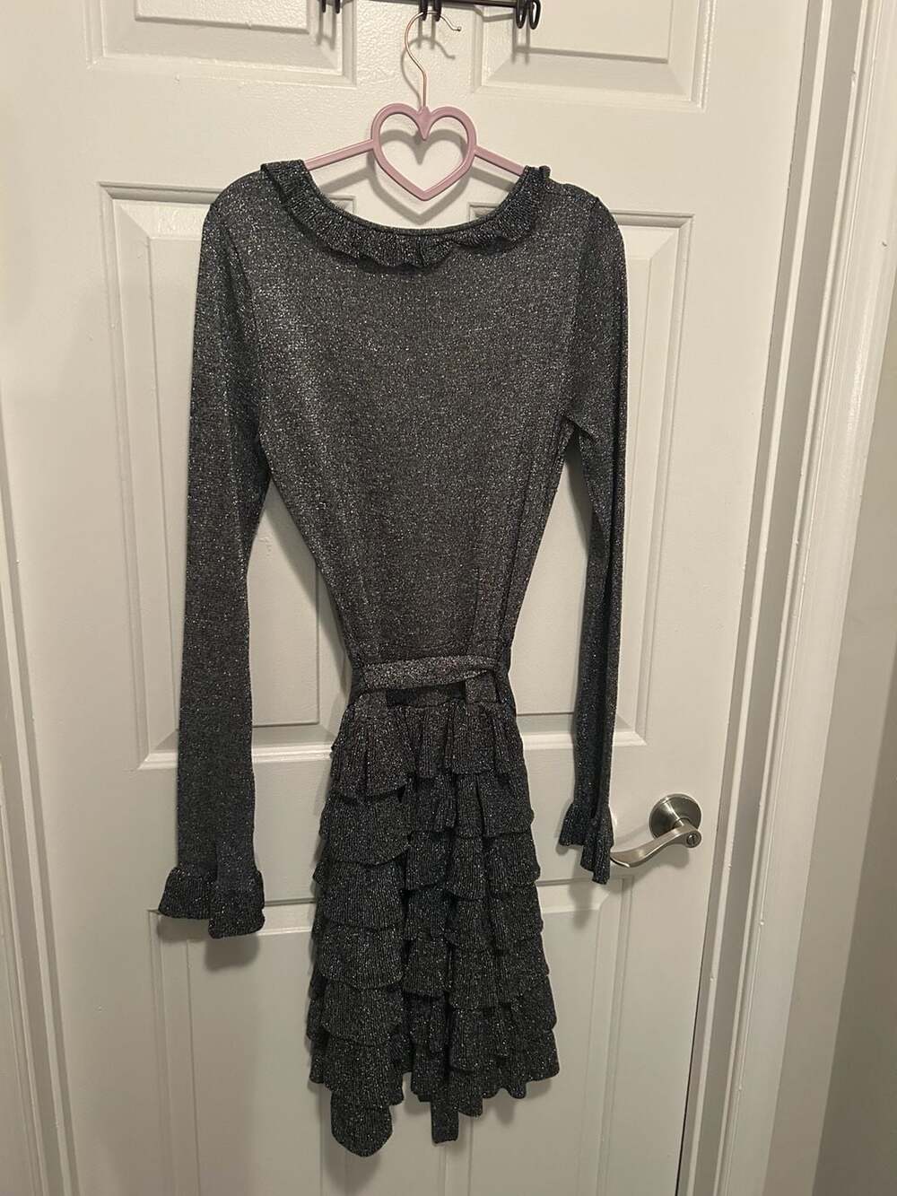 BCBGMAXAZRIA Cassie Metallic Silver/Black Long Sleeve Ruffle Sweater Dress - Picture 4 of 4